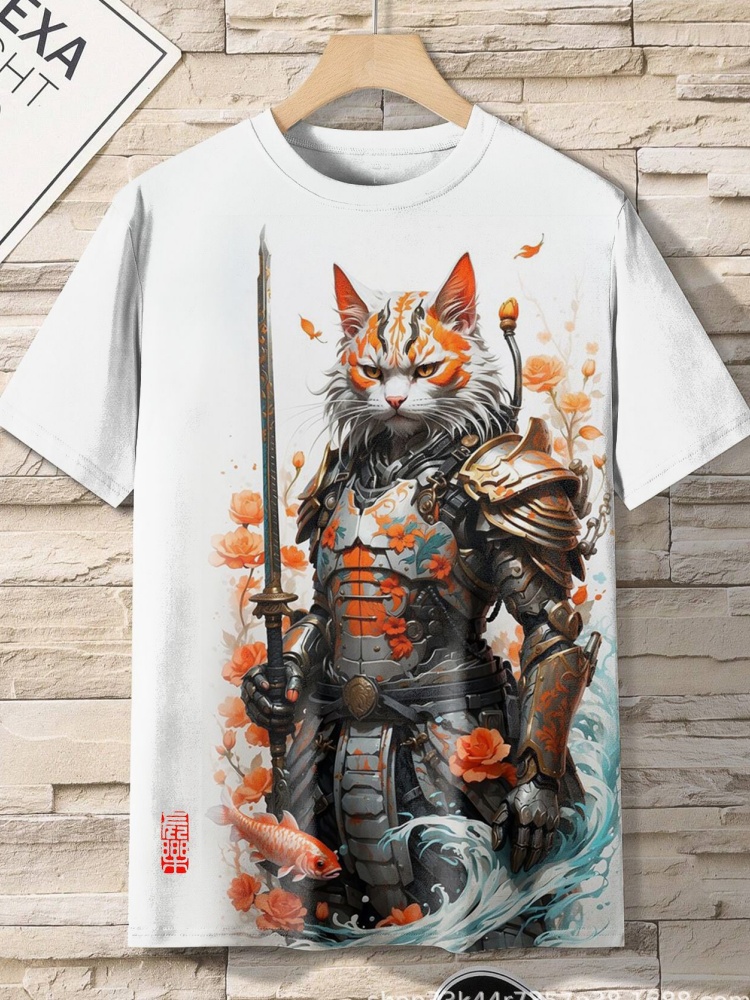 メンズ Tシャツ和風サムライ猫グラフィック 3D プリント Tシャツカジュアル半袖 Tシャツ屋外特大男性服トップス