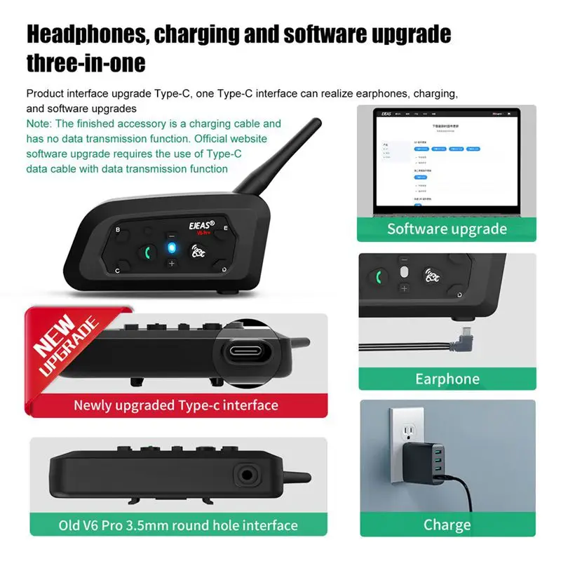 EJEAS V6 PRO+ Motorcycle Intercom  Helmet  6 Riders 800m Communicator Waterproof V5.1 Music Player Interphone Bluetooth Headset