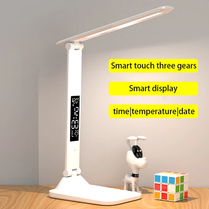 Nuova lampada da tavolo a LED Touch pieghevole USB ricaricabile con sveglia Termometro Luce notturna dimmerabile per lampada da lettura da studio da scrivania