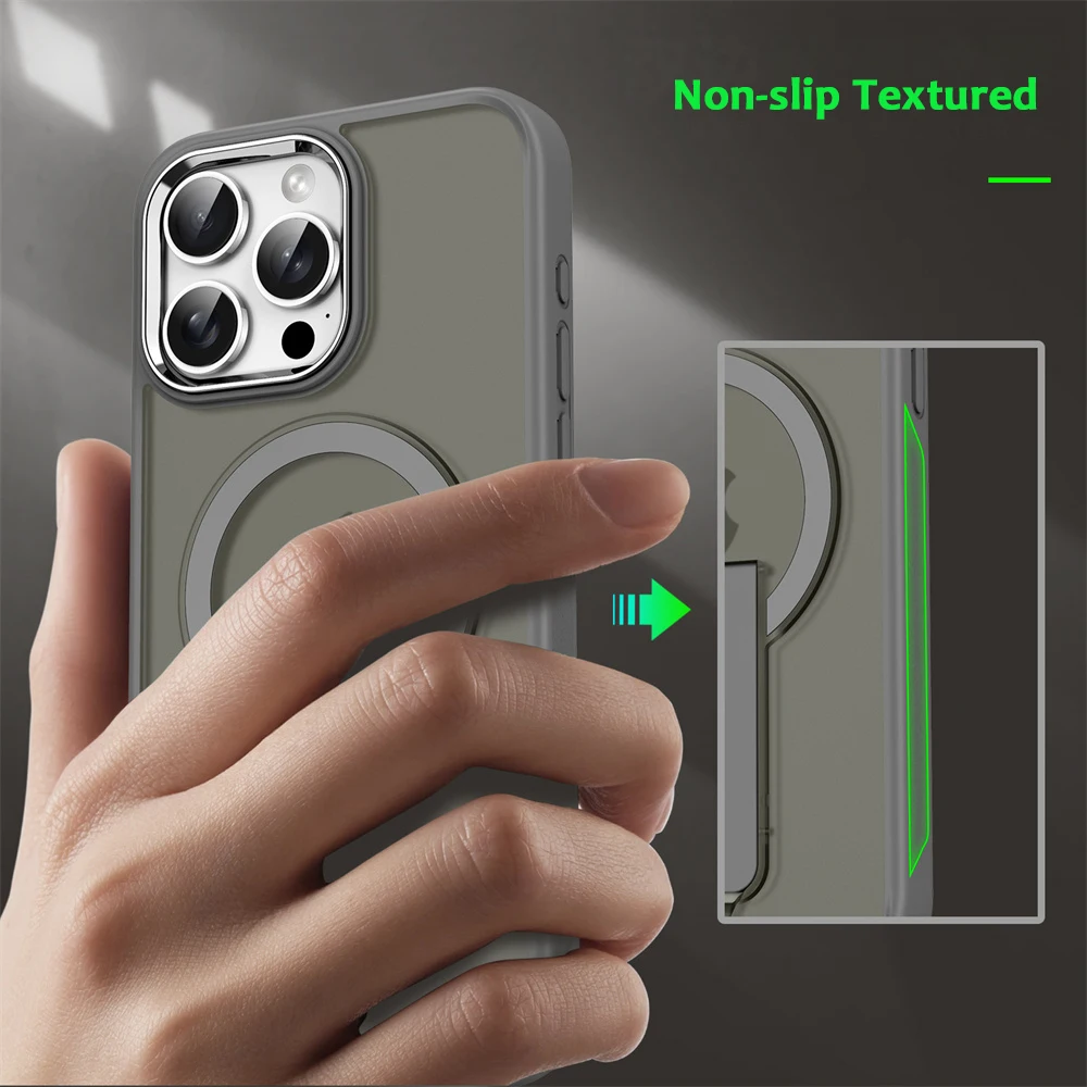 Funda de teléfono magnética con soporte plegable Magsafe de lujo para iPhone 16 15 14 Plus 13 12 11 Pro Max, tapas traseras translúcidas mate