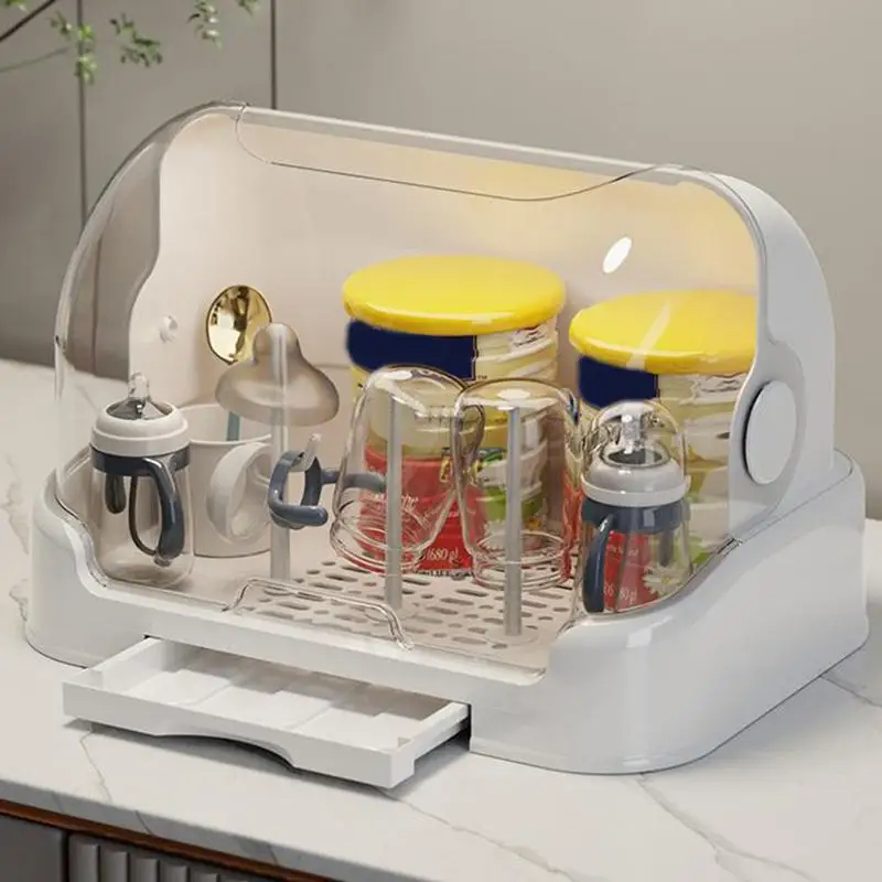 Tragbarer Wäscheständer und Organizer für Babyflaschen – staubdichter Aufbewahrungsbehälter mit abnehmbarem Abtropfschale, hygienisches Fütterungszubehör