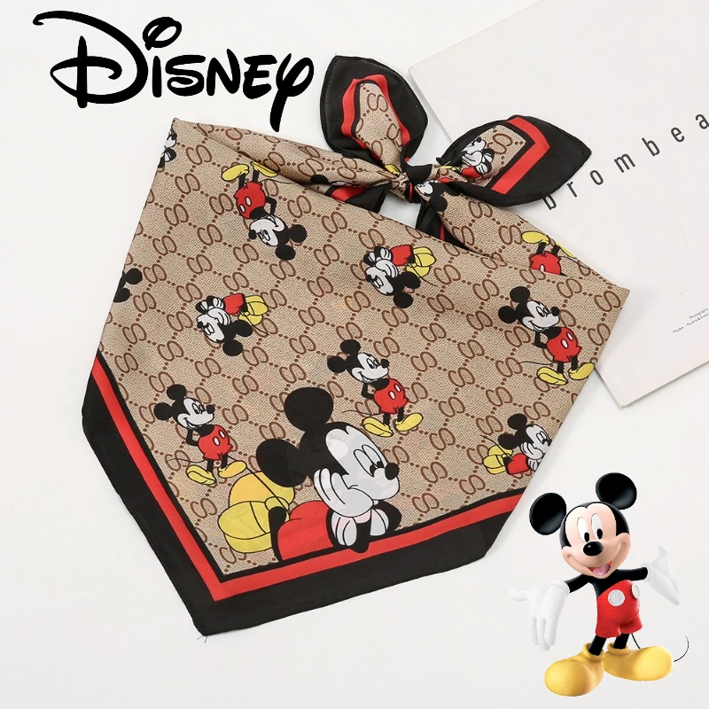 Bufanda con patrón de Mickey Mouse de Disney, pañuelo cuadrado multiusos de 70x70cm, bandas para el cabello femeninas a la moda con dibujos animados para mujer, Bandana