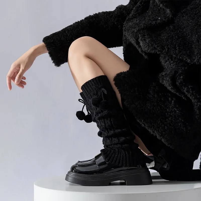 Dames Pluizige Pom Pom Sok Beenwarmers Gebreid Wit Zwart Verdikte Thermische Winterlaars Manchetten Gezellig Zacht Wollen
