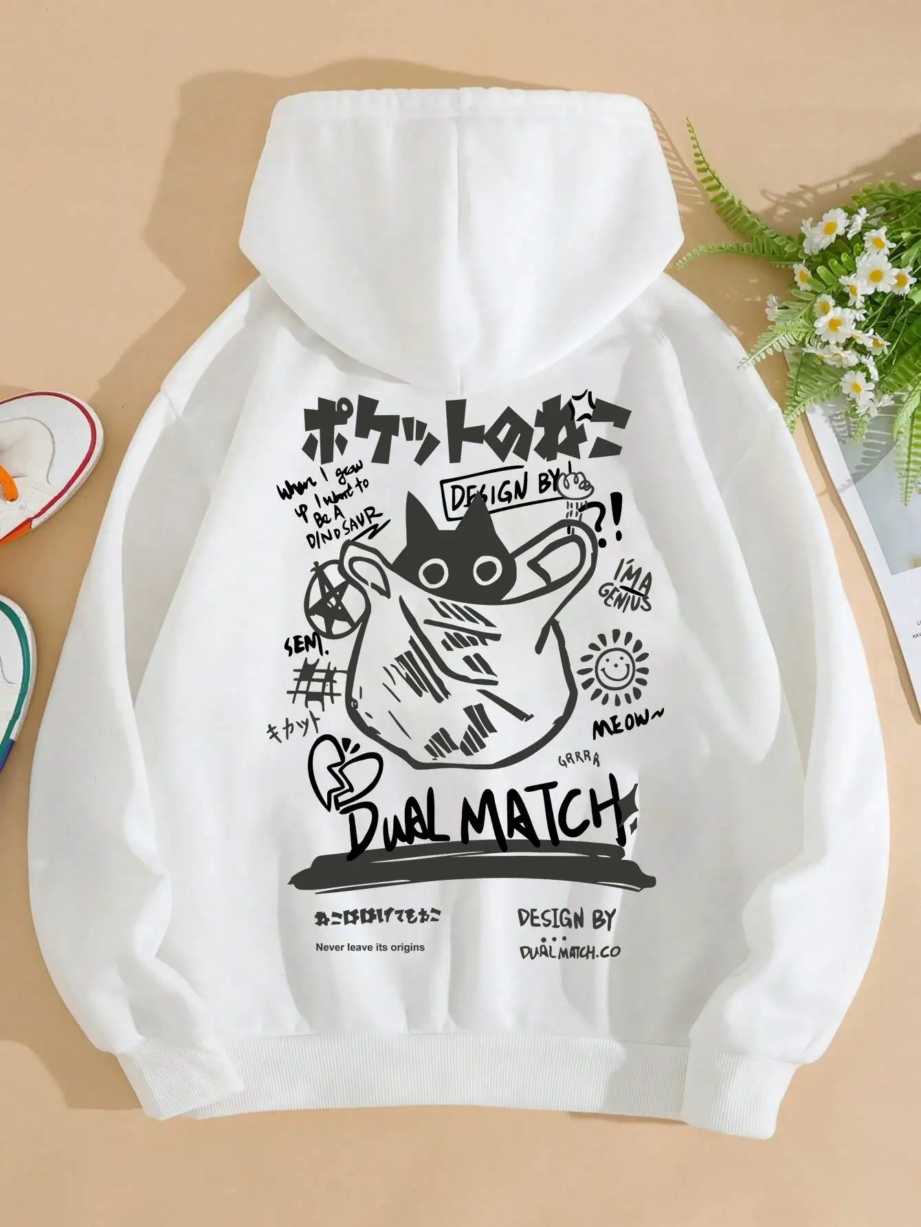 Sudadera con estampado de dibujos animados de gato bonito para mujer, sudaderas con capucha holgadas informales Harajuku, sudaderas con capucha de bolsillo suave a la moda, ropa femenina cálida de otoño