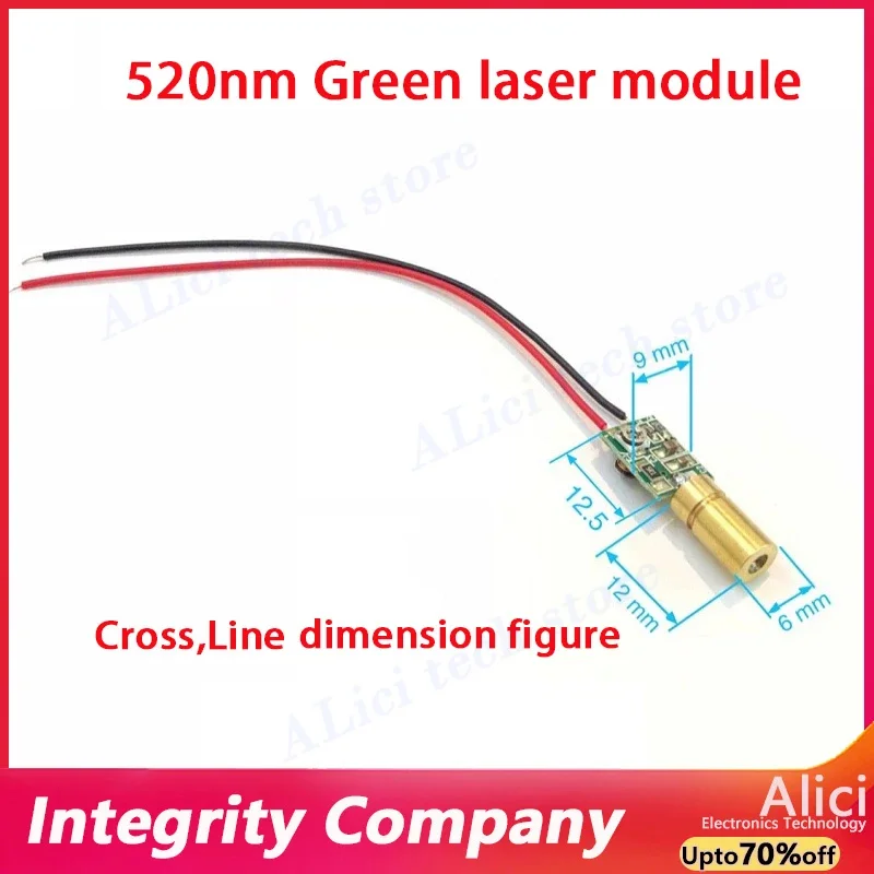 Módulo láser verde de 6mm, línea recta en forma de punto, cabezal láser verde de línea cruzada con longitud focal ajustable, cabezal láser de 520nm