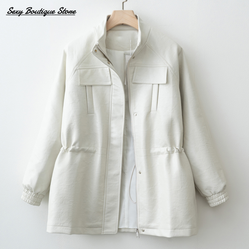 Herbst Winter Pu Leder Jacke Für Frauen Solide Volle Hülse Elastische Verstellbare Taille Mantel 2025, Neue Dame Mode Lässig Outwears