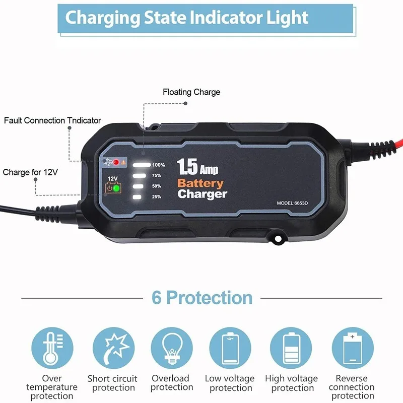 12 V 1500 mA automatisches intelligentes Motorrad-Batterieladegerät für Auto/Wohnmobil/ATV/Boot, automatisches Batterie-Erhaltungsladegerät mit LED