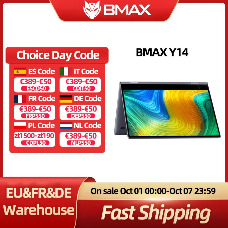 BMAX Y14 360° °   Laptop 14 inch Notebook Windows 11 16GB RAM LPDDR5 512GB SSD 1920*1080 IPS Intel N100 laptops Computer