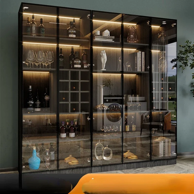 Praktischer großer Weinschrank mit Glastür, leichter Luxusvitrine an der Wand, Massivholz-Sideboard, integrierte Li