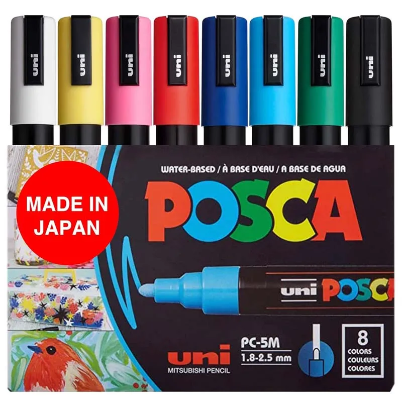 Uni PC-5M 8-kleuren set POSCA verf markeerstift acryl kunstschilderij op waterbasis POSCA markers voor stof leer glas hout DIY
