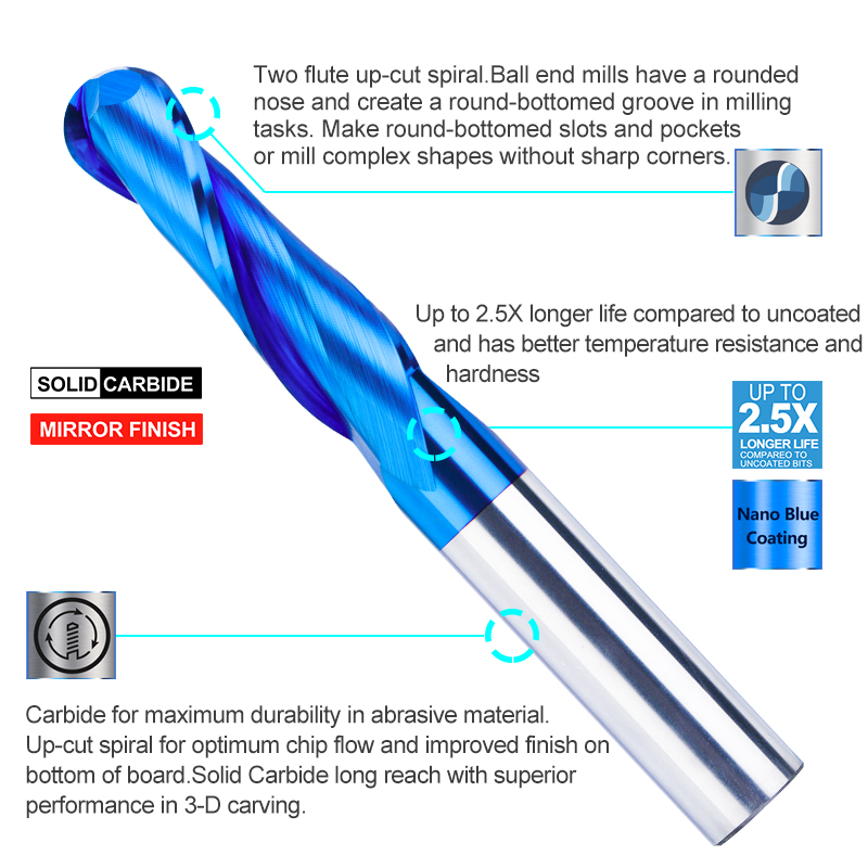 XCAN Kugelkopffräser, 4/6 mm Schaft, 2-schneidiger CNC-Fräser, Nano-blau beschichteter Hartmetall-Fräser