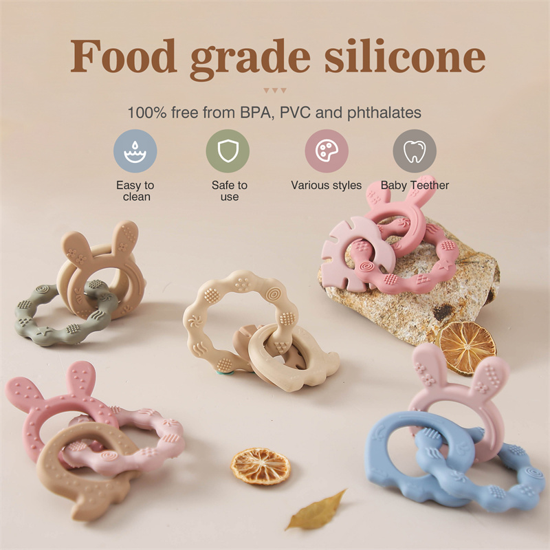 Anillo mordedor de silicona para bebé, sonajeros sin BPA, pulsera de calidad alimentaria, accesorios para bebé recién nacido, juguetes de dentición de silicona de dibujos animados, 1 Uds.
