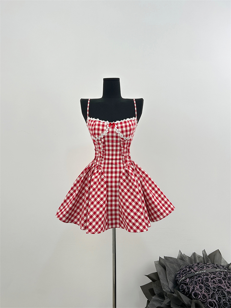 Sommer Französisch Abendkleid Ballett Kern Mini Plaid Kleid Frauen Gyaru Coquette 2000er Jahre Ästhetische Abendkleider Party Fee Einteiliges