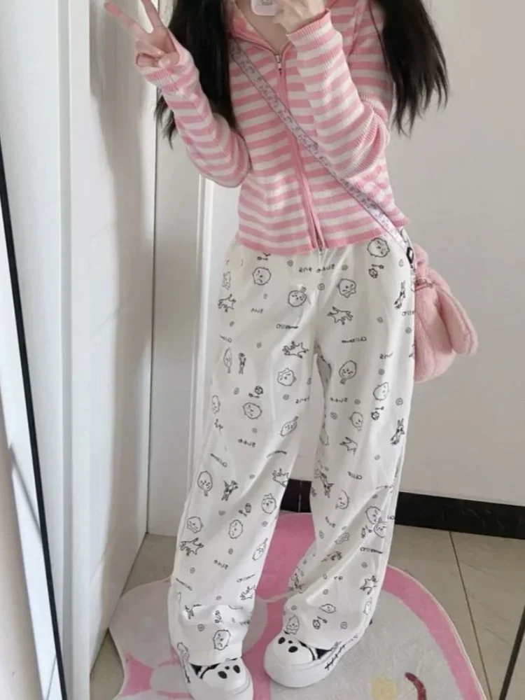 HOUZHOU Y2k かわいい甘いハイストレートパンツ女性和風原宿かわいい漫画プリントルーズズボンソフトガール 2024