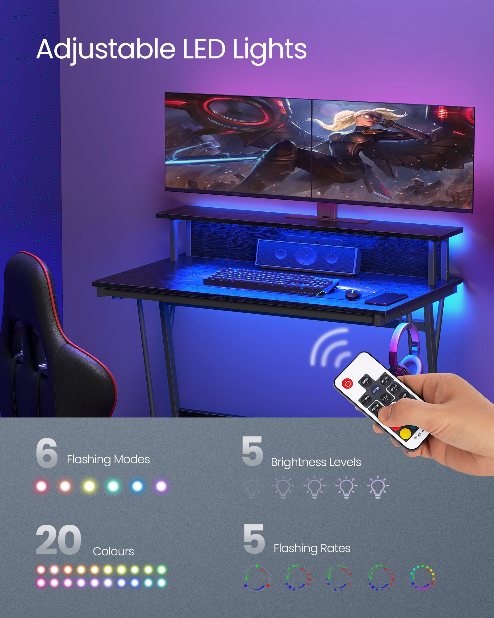 VASAGLE Gaming Desk with LED Lights and Built-In Power Outlets, Computer Desk with Monitor Shelf, Gaming Table