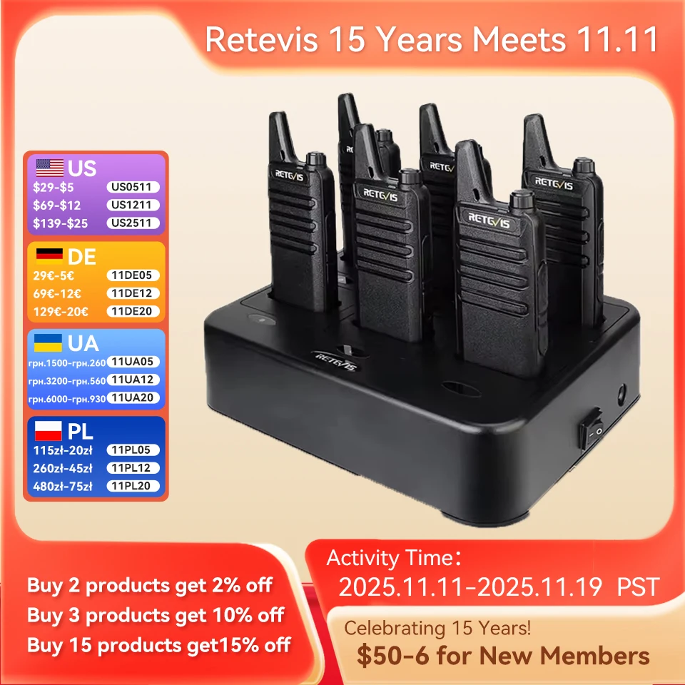 Retevis RT622 Walkie Talkie (6 piezas, PMR, FRS) para hotel y restaurante, con cargador multibanda de 6 vías.