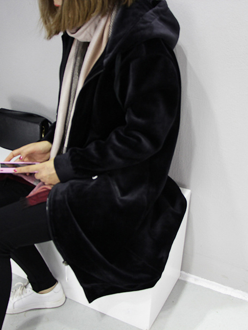 Women's New Medium Long Velvet Zipper Jacket Loose Versatile Cardigan Hoodie Spring Autumn Student Black Thickened Coat Top