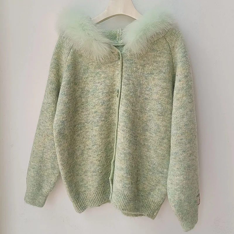 Feminino 2025 real pele de raposa com capuz guarnição cardigan com zíper moda manga longa camisola de malha curta com listra de pele real