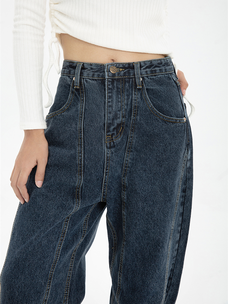 Ciemnoniebieskie jeansy damskie z wysokim stanem Vintage Straight Baggy Denim Pants Streetwear American Style Fashion Wide Leg Denim Trouser