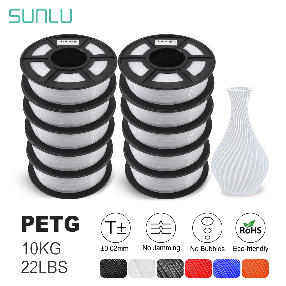 SUNLU PETG-нить 10 кг, 1,75 мм, 22 фунта, без пузырьков, без запаха, аккуратно хорошая прочность, биоразлагаемая, высокая прозрачность