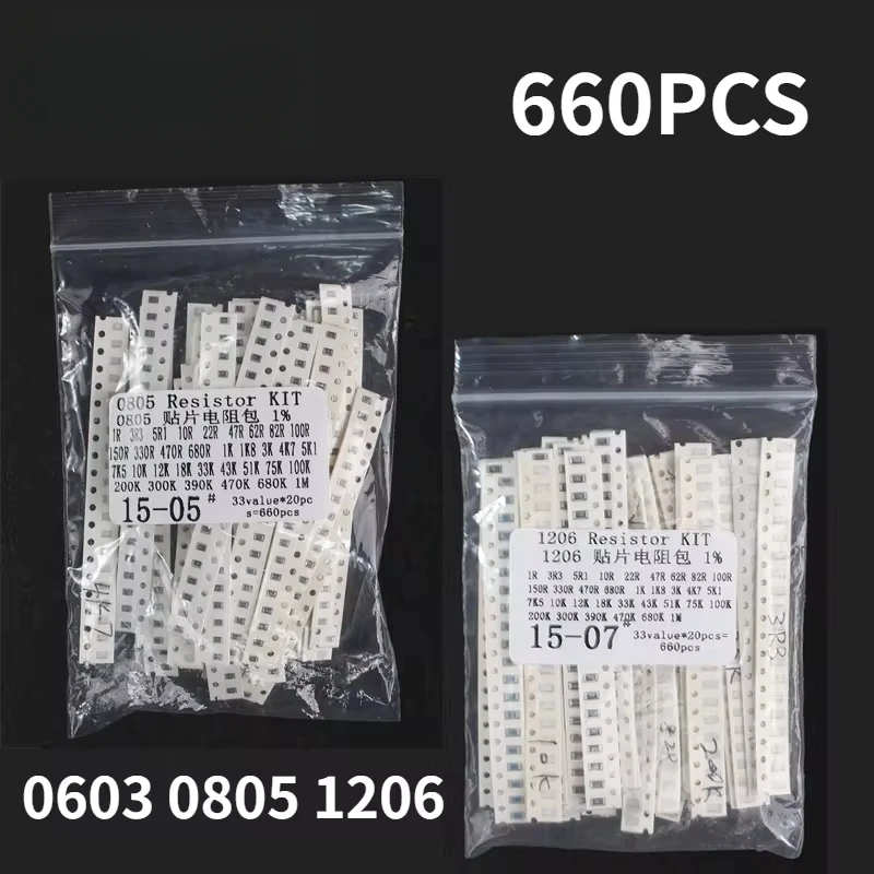 Kit de resistencias SMD de 660 piezas 0603 0805 1206 1% Kit surtido de resistencias 1 Ohm - 1M Ohm Kit de resistencias en chip