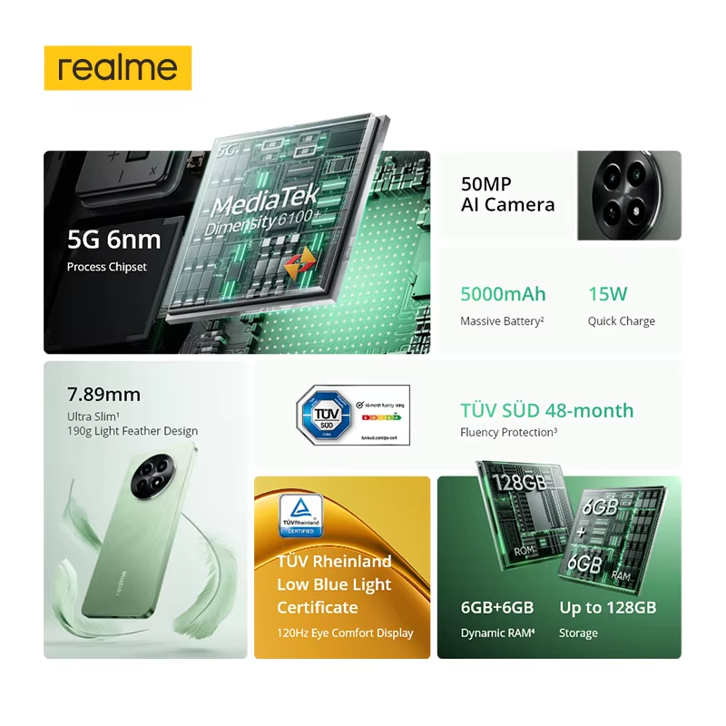 Globale Version Realme 12x5g Smartphone 120hz Augen komfort Display 50mp ai Kamera mtk Dimentity 6100 5g 5000mah (Typ) Akku