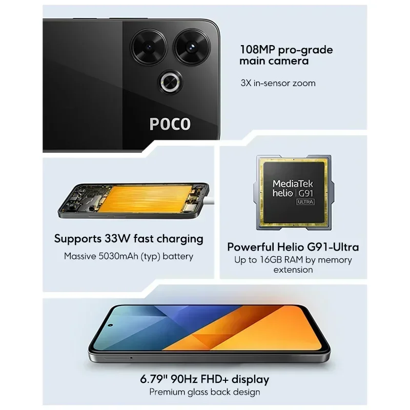 Versión Global POCO M6 4G Smartphone cámara de 108MP Helio G91 Ultra pantalla de 6,79 "90Hz batería de 5030mAh carga rápida de 33W