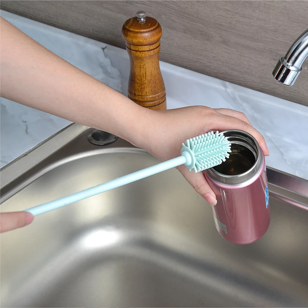 Cepillo de silicona para botella de bebé integrado, taza de agua, mango largo, cepillo de limpieza de silicona, matraz de vacío, cepillo de silicona