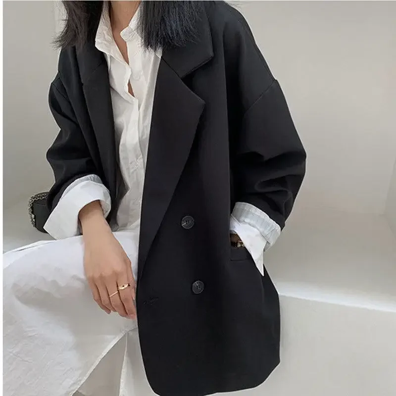Nuevo 2025 Vintage suelta mujer chaqueta sólida otoño elegante doble botonadura mujer traje de manga larga chaquetas elegante chaqueta de mujer