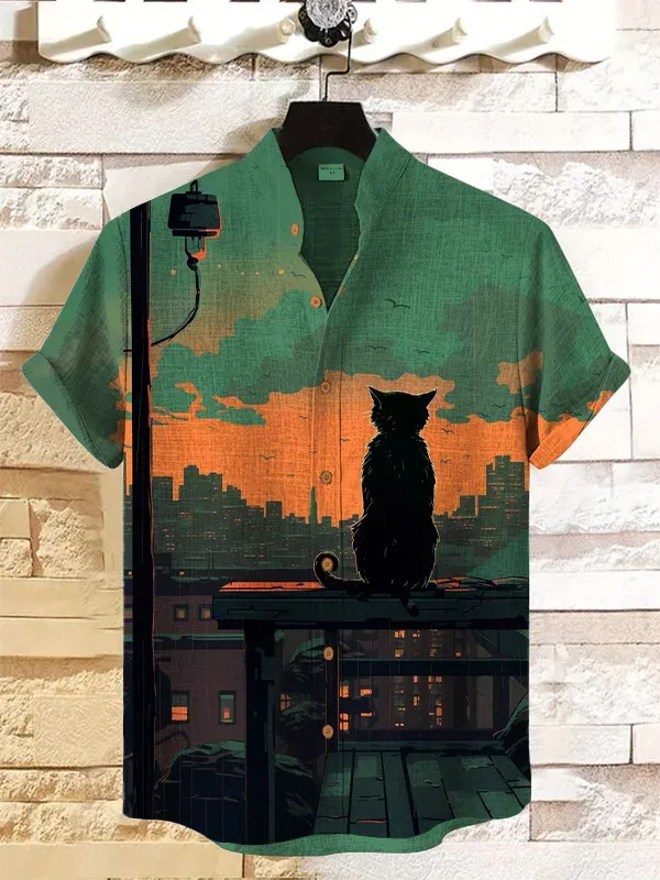 Camisa de manga corta con tema de gato de Anime de dibujos animados Retro de verano para hombre, Tops de manga corta, ropa de calle informal de moda para vacaciones, camisa para hombre