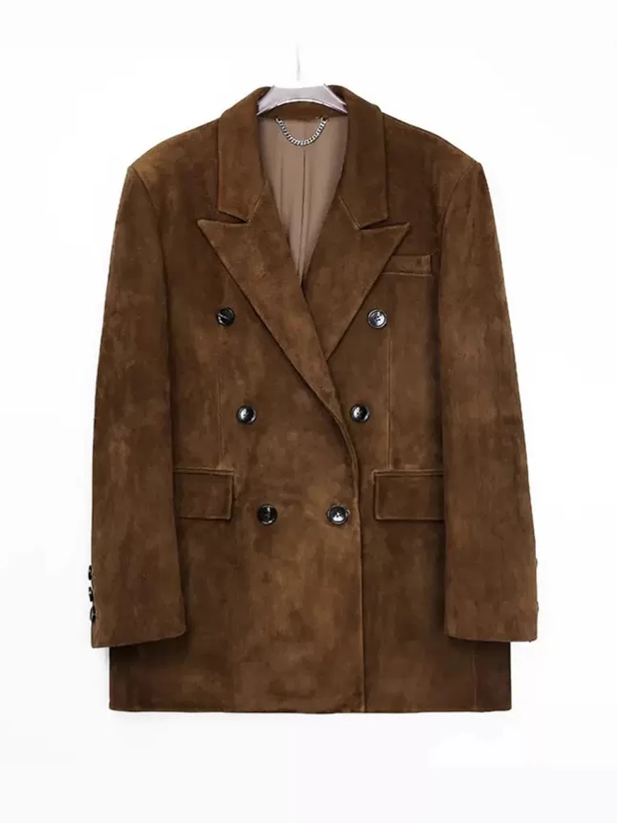 Luxuriöse High-End-Kind-Wildlederjacke für Damen, Wintertaschen, Schlankheitsmantel, gefüllt mit Maulbeerseide, tiefem Kaffee, warme Weste