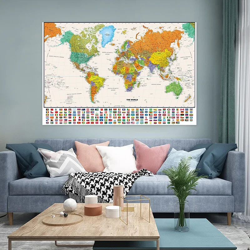 Vintage World Map English Language Personalized Atlas Poster Canvas Painting World Globe Map 100*70cm School Office Supplies