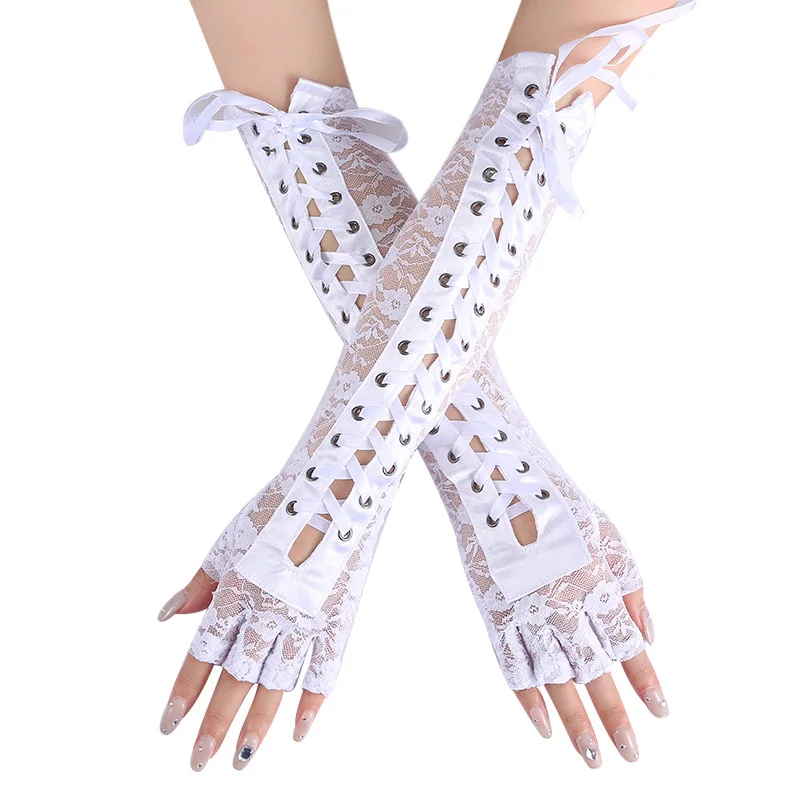 Guantes sexis de encaje Floral hasta el codo para mujer, guantes de medio dedo, cinta de hilo negro, atados para fiesta de baile, mitones de rejilla sin dedos