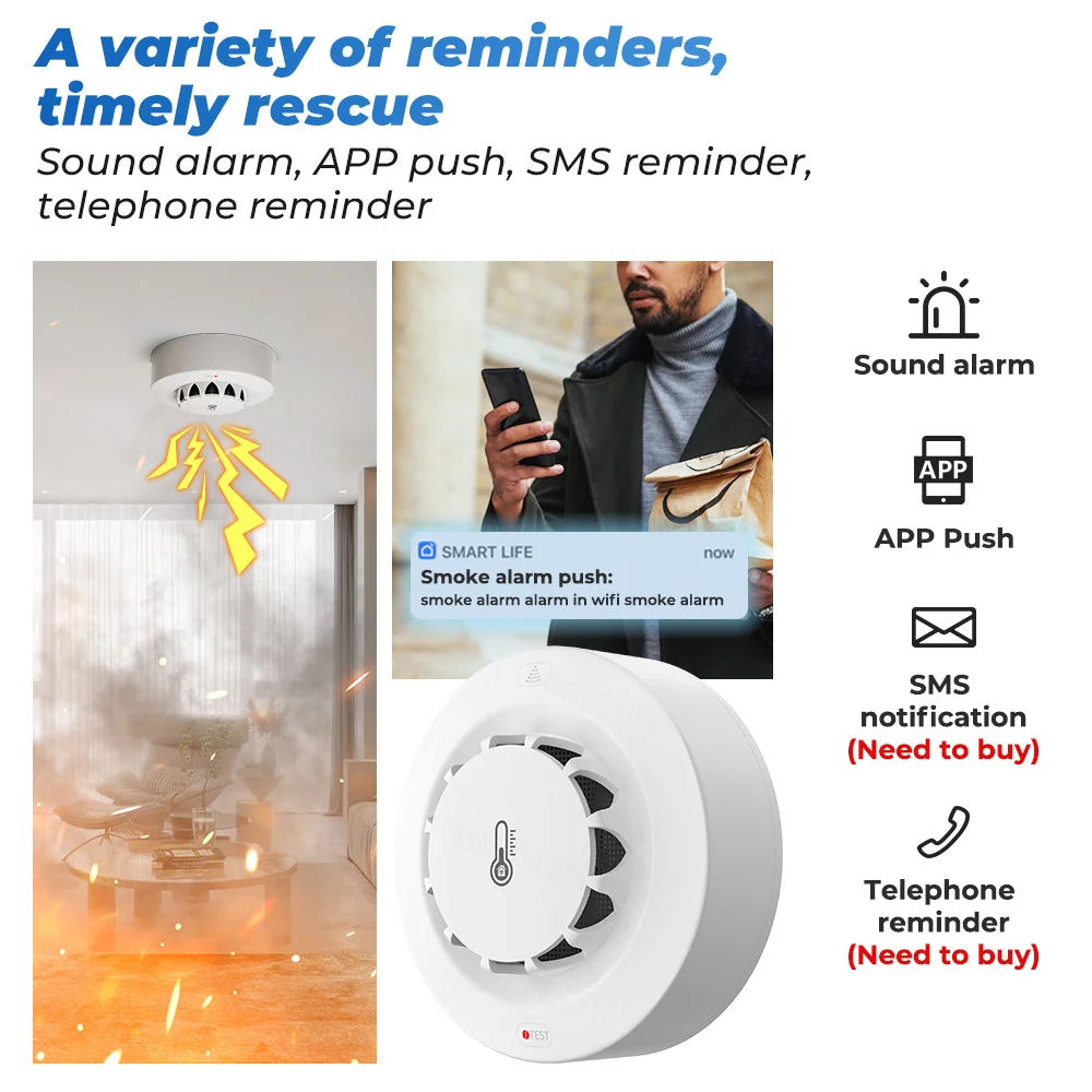 Tuya สมาร์ท WiFi Zigbee 2 in 1 WiFi เครื่องตรวจจับควันอุณหภูมิและความชื้นเซนเซอร์ APP ผลักดันนาฬิกาปลุกสนับสนุน Google Alexa