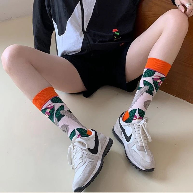 Calcetines coloridos de moda para primavera y otoño para mujer, calcetines de algodón con diseño de erizo y perezoso, calcetines rectos con personalidad a la moda