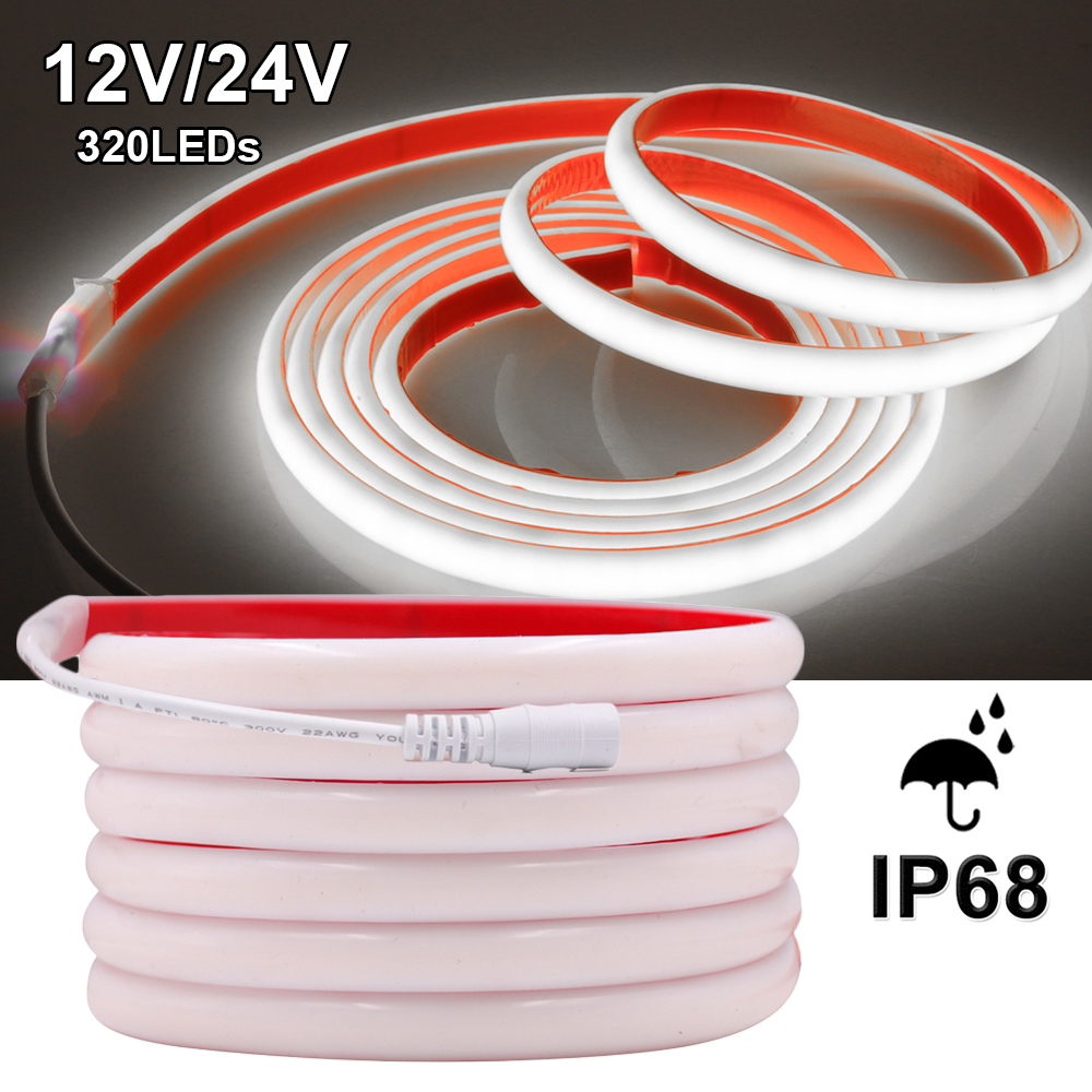 Tira de luces LED COB resistente al agua IP68, luz de neón de 12V, 24V, 320Leds/m, cinta Flexible RA90, iluminación de revestimiento de alta densidad 3000K-6000K