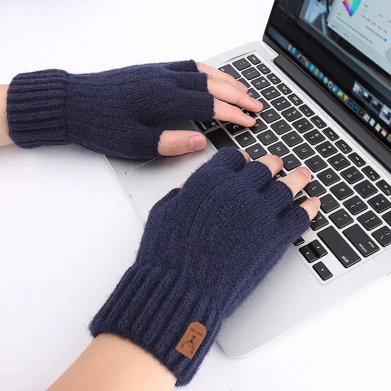Luvas de inverno para homens meio dedo escrita escritório ciclismo luvas de malha estudantes lã alpaca quente grosso elástico luvas de condução