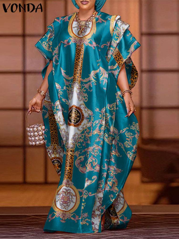 VONDA プラスサイズ 5XL エレガントなマキシロングドレス 2024 ファッションサテンドレスセクシーなプリントパッチワークバットウィングスリーブ Vestidos フリルローブ