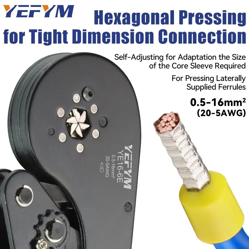 Ferrule Crimping Tool, Self-Adjusting Hexagonal Wire Crimper Plier YE 16-6E For AWG 20-5(0.5-16mm²) ,Ratchet Wire Crimping Tool