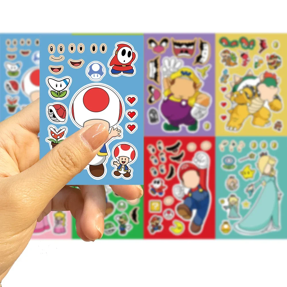 8/16/32 แผ่นการ์ตูน Mario Make A Face ปริศนาสติกเกอร์เด็กทํา DIY เกมเด็กจิ๊กซอว์การศึกษาสติกเกอร์ของเล่น