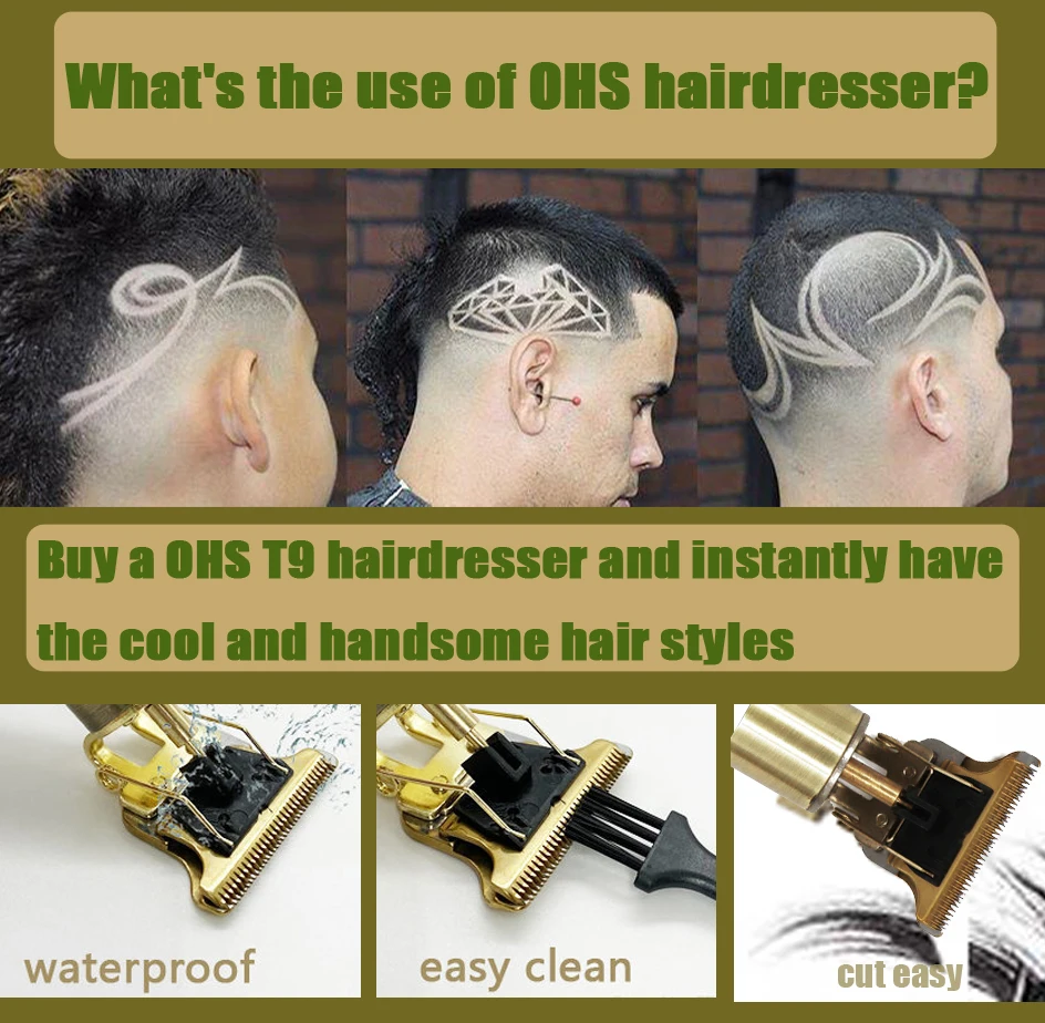 OHS T9 Vintage ช่างทําผมไฟฟ้าน้ํามันหัวโกน Pusher แกะสลัก Clipper ตัดผม Precision Trimmer สําหรับ Men Care