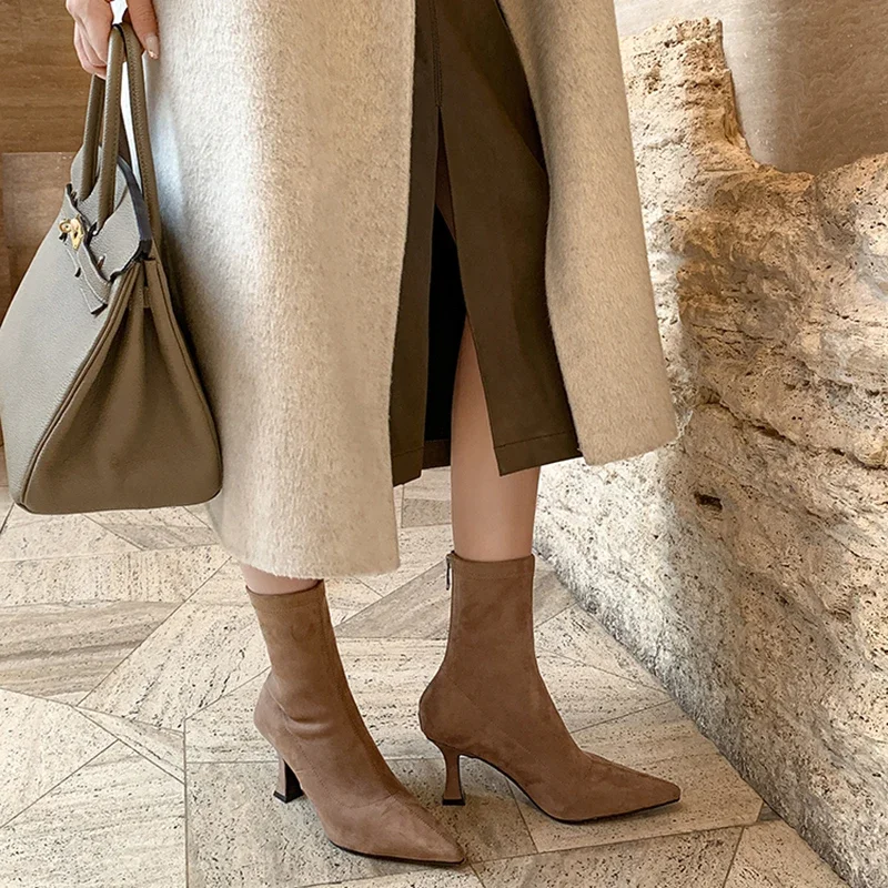 ผู้หญิงวินเทจข้อเท้ารองเท้าแฟชั่น Pointed Toe รองเท้าฤดูใบไม้ร่วงฤดูหนาวรองเท้าส้นสูงสุภาพสตรี Elegant ยืด Slim สั้น Booties