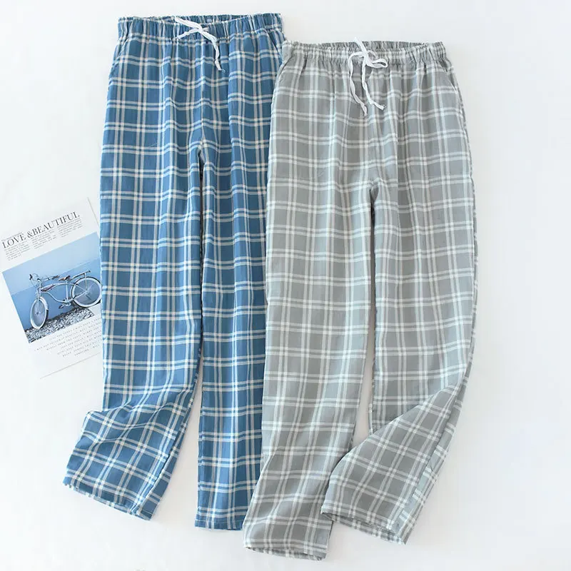 Pantalones de gasa de algodón para Hombre, pantalones de dormir tejidos a cuadros, pantalones de pijama para mujer, pantalones, ropa de dormir corta para parejas, Pijama para Hombre