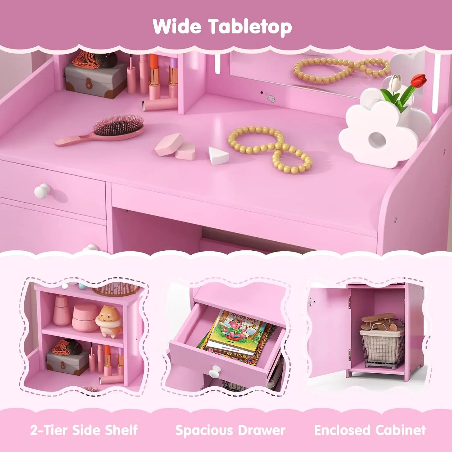 Kids Vanity Set with Lighted Mirror, Toddler Makeup Dressing Princess Table & Chair Set with Shelves, Drawer & Cabinet, Pretend