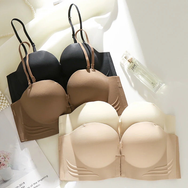 FINETOO-Sujetador Push Up con cierre frontal para mujer, sujetadores invisibles, ropa interior, lencería para mujer, Bralette sin tirantes sin costuras