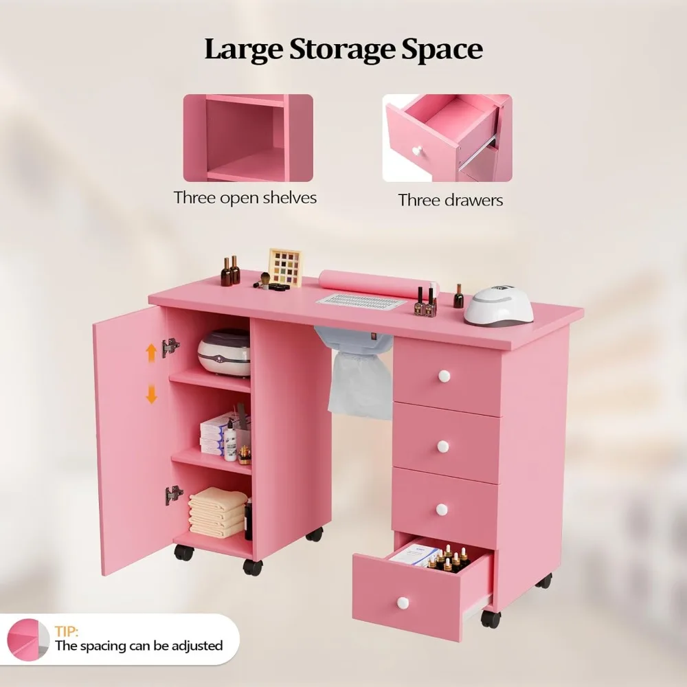 Manicure Table Nail Desk for Nail Tech, Nail Table Beauty Salon Tech Station w/Electric Downdraft Vent, Lockable Wheels