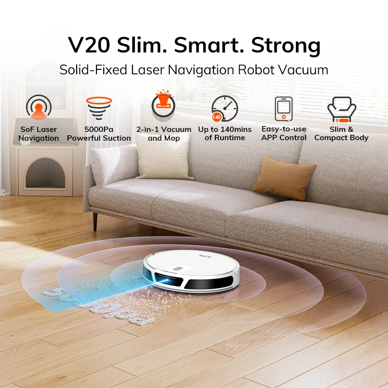 Odkurzacz robot ILIFE V20, ssanie 5000 Pa, inteligentna nawigacja SOF LiDAR, kontrola APP, dostosowywanie czyszczenia, samonabieranie
