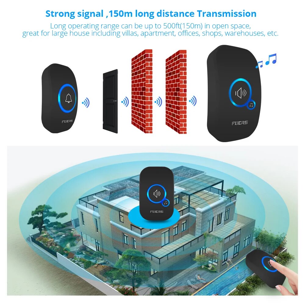 Timbre inalámbrico Fuers, alcance de 1000 pies, suficientemente fuerte con 4 niveles de volumen, campanas de bienvenida para puerta, LED intermitente, 2 receptores y 2 botones
