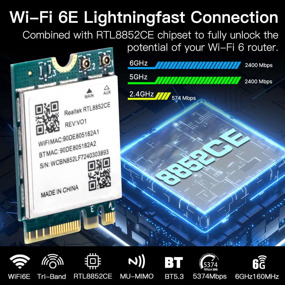 Сетевая карта Wi-Fi 6E RTL8852CE M.2 5400 Мбит/с 802.11AX Bluetooth 5.3, беспроводной адаптер, трехдиапазонный 2,4/5/6 ГГц для Windows 10/11