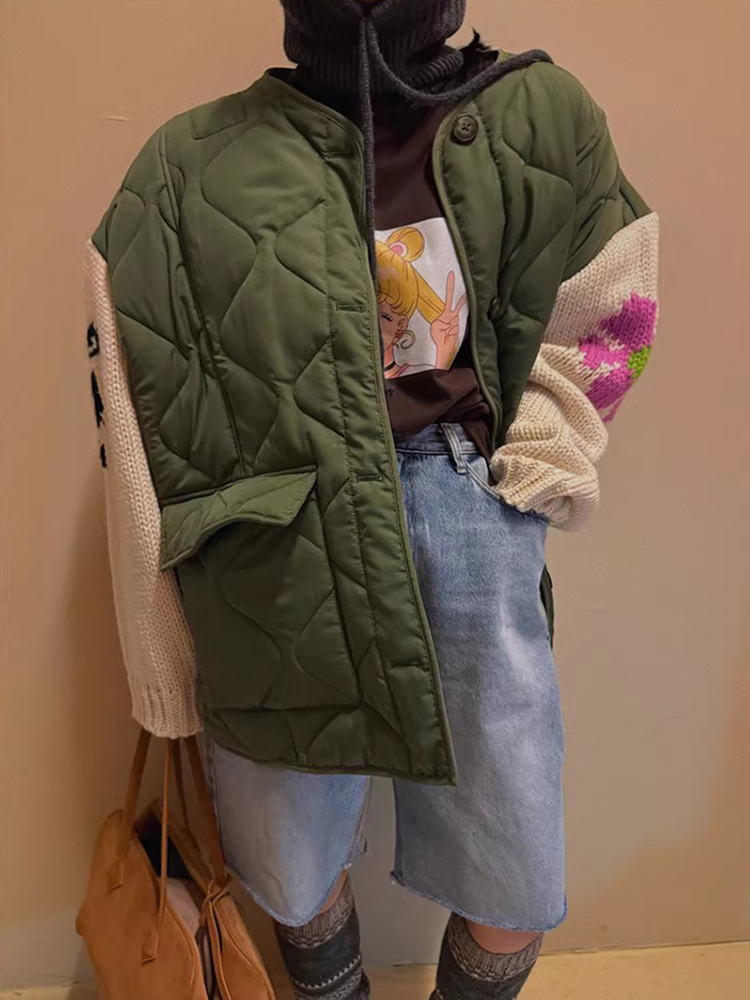 レトロバタフライノットフックフラワーニットスプライシングルーズ長袖暖かいコットンジャケット女性の上着快適なコットンコート